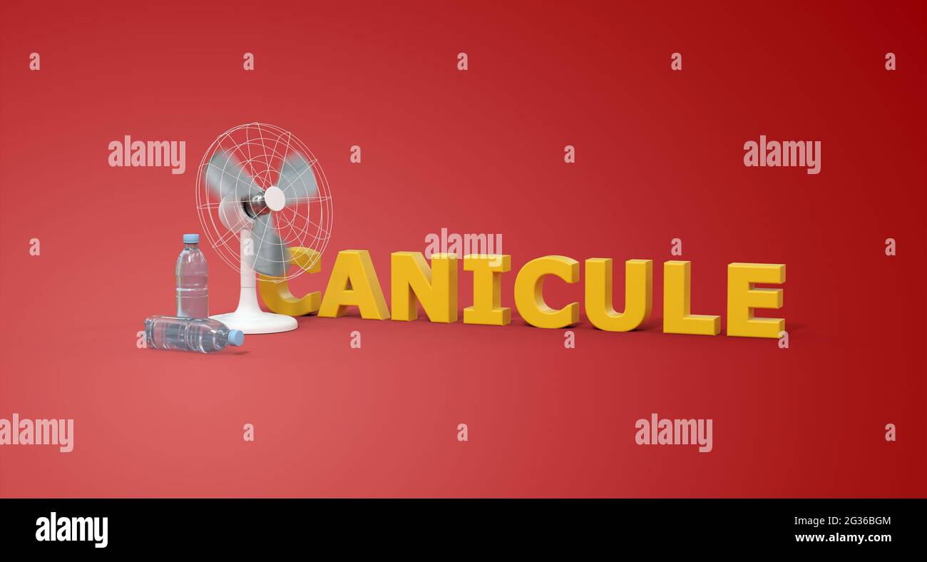 Fan zur Bekämpfung der Hitzewelle - 3D-Rendering - roter Hintergrund - Französisch Wort canicule bedeuten Hitzewelle Stockfoto