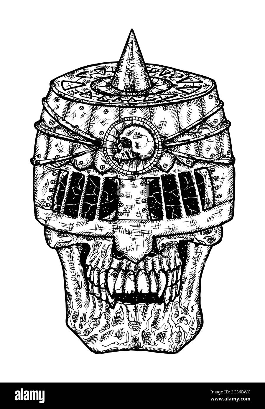 Schwarz-weiß gruselige Illustration eines Vektorschädels mit Ritter Helm. Mystische isolierte Zeichnung für Halloween mit esoterischem, gotischem, okkulten Konzept Stock Vektor