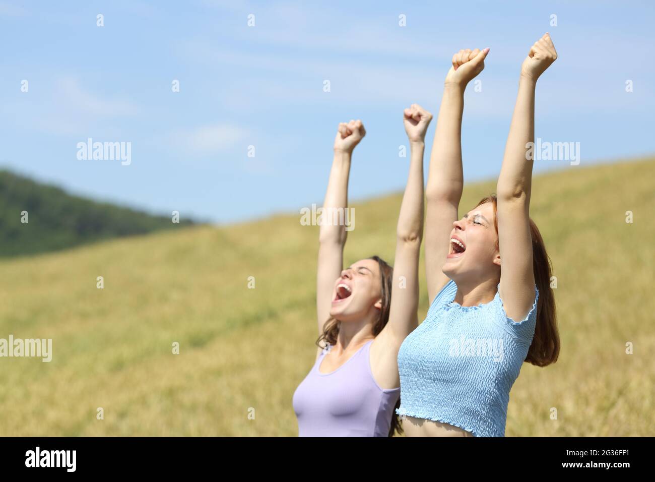 Begeisterte Freunde, die die Waffen erheben und ihren Urlaub in einem Weizenfeld feiern Stockfoto
