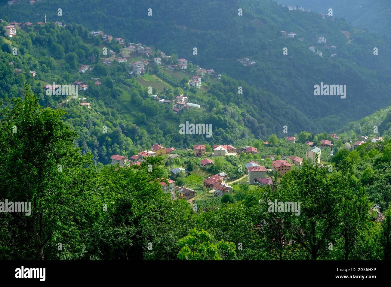 An diesen Hängen wurden die Dörfer im Kreis Çaykara von Trabzon gegründet, die abschüssiges und bergiges Land haben. Stockfoto