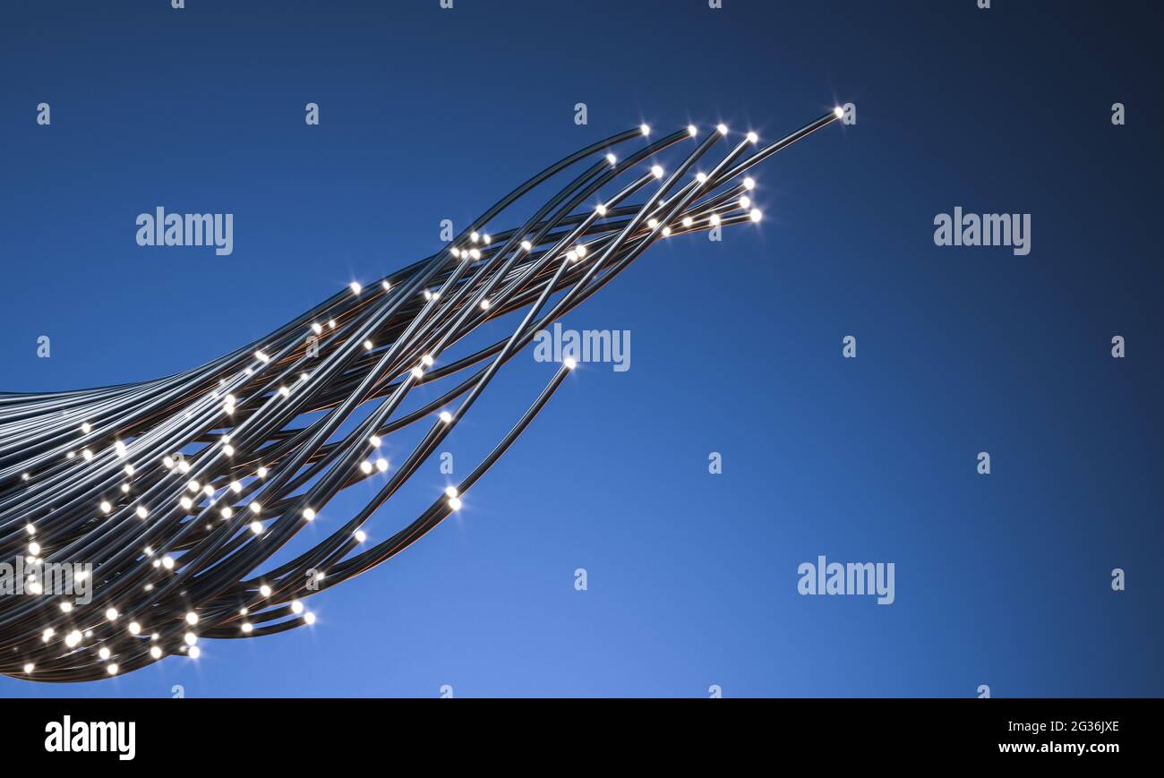 Darstellung von optischen Fasern auf blauem Hintergrund. 3d-Rendering. Stockfoto