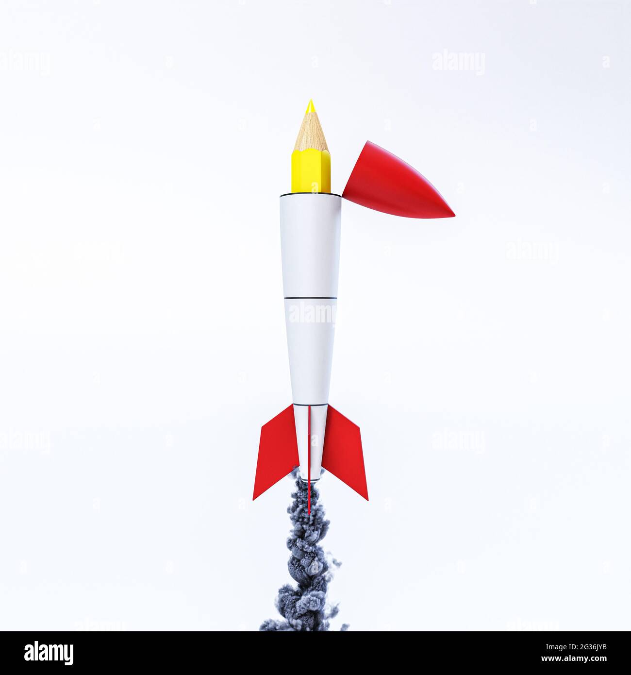 Bleistift, der aus dem Inneren einer Rakete herauskommt, bereit zum Aussteigen. 3d-Rendering. Kreativitätskonzept. Stockfoto