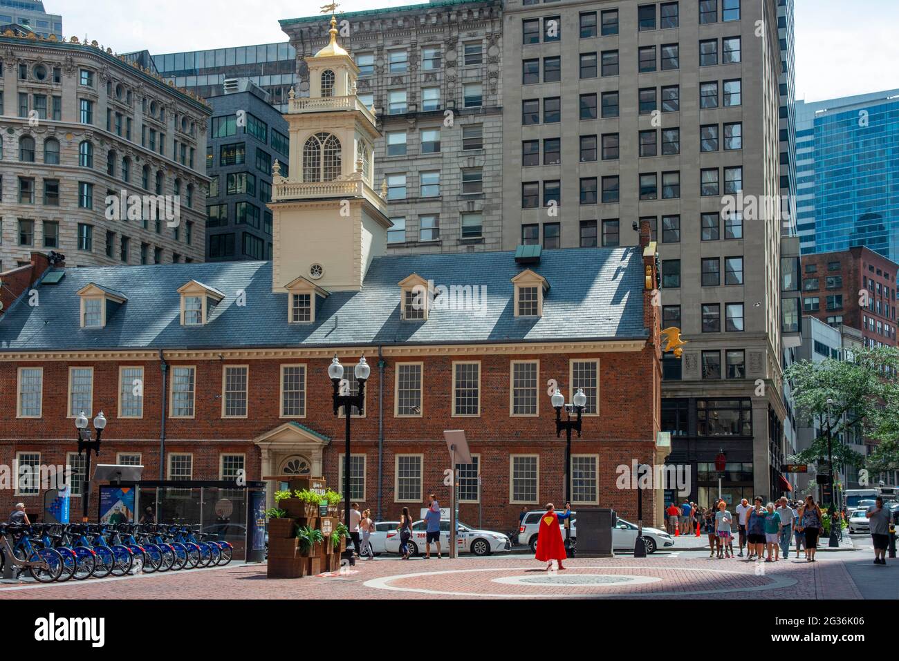Das Old State House, Boston. Die historische Stätte der Unabhängigkeitserklärung wurde 1776 vom Balkon gelesen. Downtown Crossing Gebiet von Bosto Stockfoto