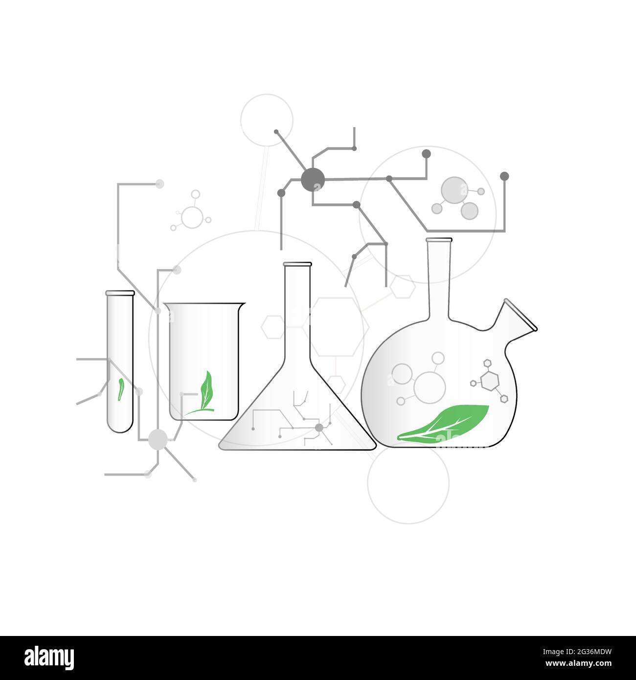 Das Konzept der Untersuchung der Ökologie in Laborflaschen. Biotechnologischer wissenschaftlicher Hintergrund. Grünes Blattsymbol. Stock Vektor