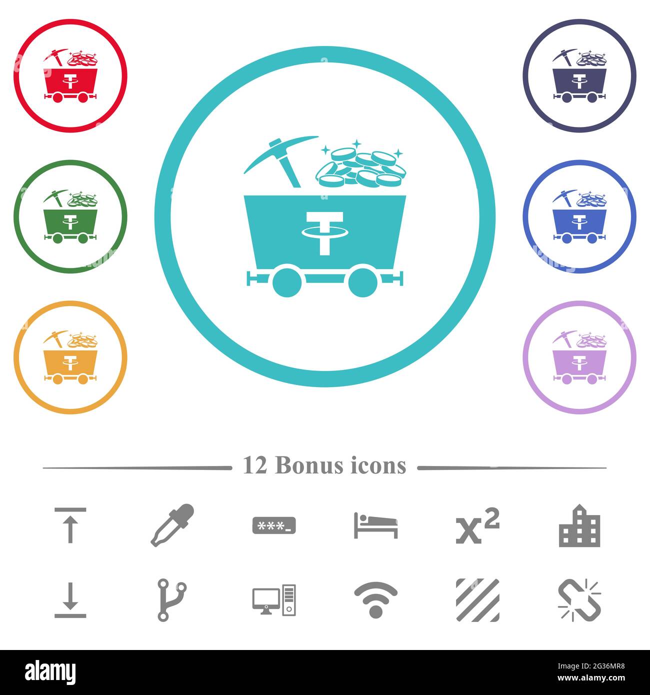 Tether Kryptowährung Mining mit Schatz flache Farbe Symbole in Kreisform Konturen. 12 Bonus-Symbole enthalten. Stock Vektor