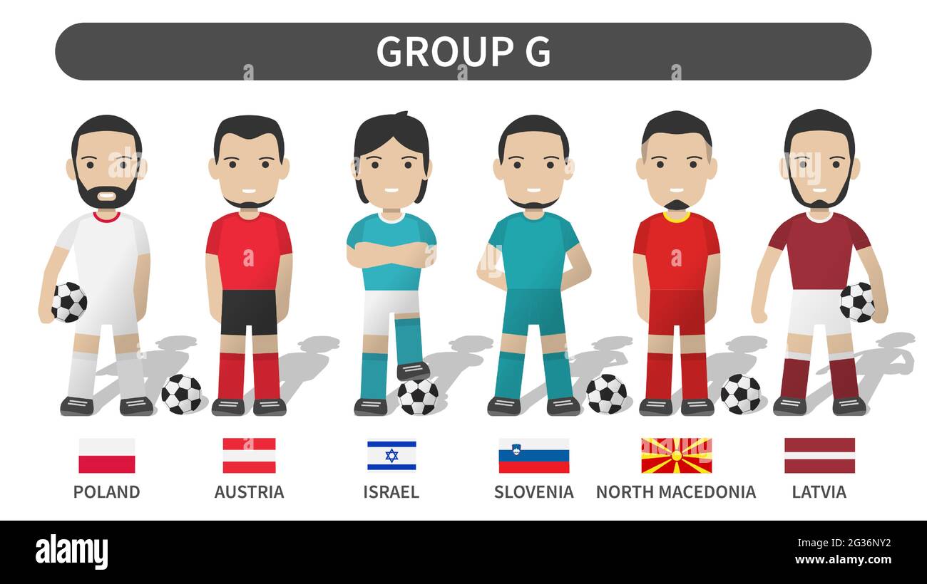 Das Qualifying des europäischen Fußballpokals zieht 2020 und 2021 an. Gruppe G . Fußballspieler mit Trikotsatz Uniform und Nationalflagge . Cartoon-Charakter Stock Vektor