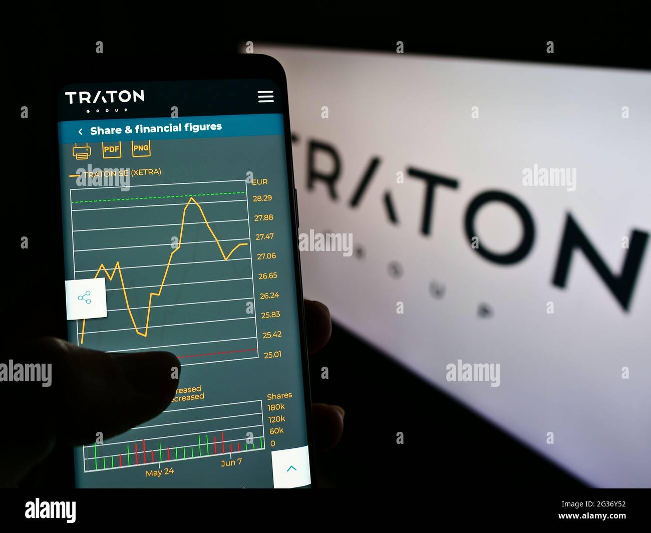 Person mit Mobiltelefon und Webseite des deutschen Nutzfahrzeugherstellers TRATON SE auf dem Bildschirm mit Logo. Konzentrieren Sie sich auf die Mitte des Telefondisplays. Stockfoto
