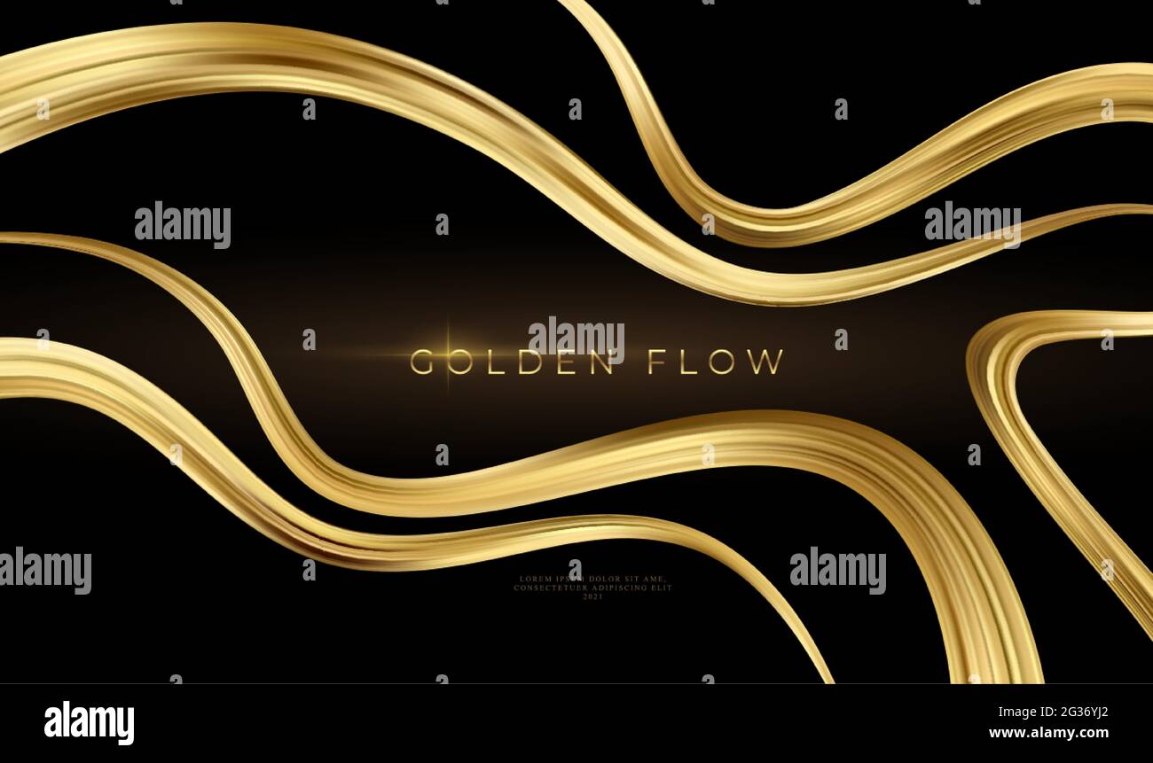 Golden Flow auf schwarzem Hintergrund. Abstrakt glänzende Farbe Gold Welle Design Element. Vektorgrafik Stock Vektor