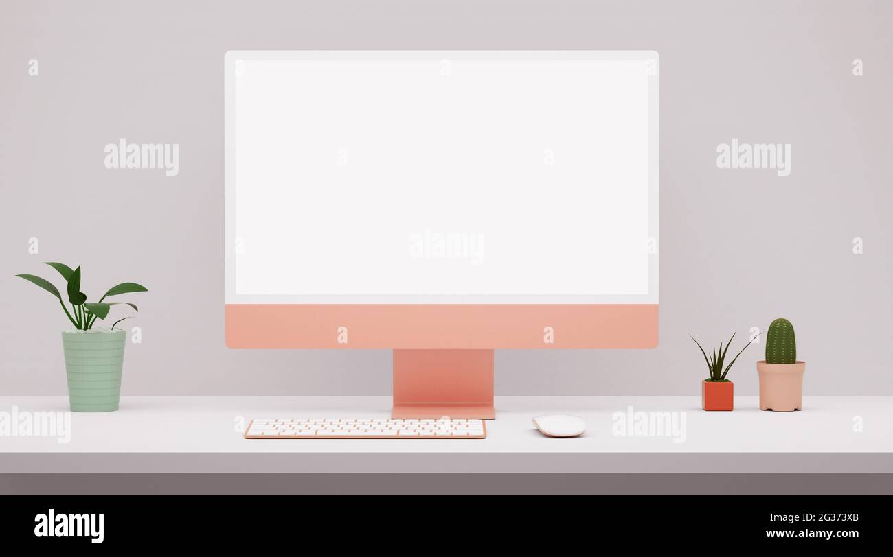 Modernes rosafarbenes Computerbild mit leerem Bildschirm auf einem weißen Desktop in 3D-Rendering. Web-, App- und ui-ux-Design-Präsentation Stockfoto