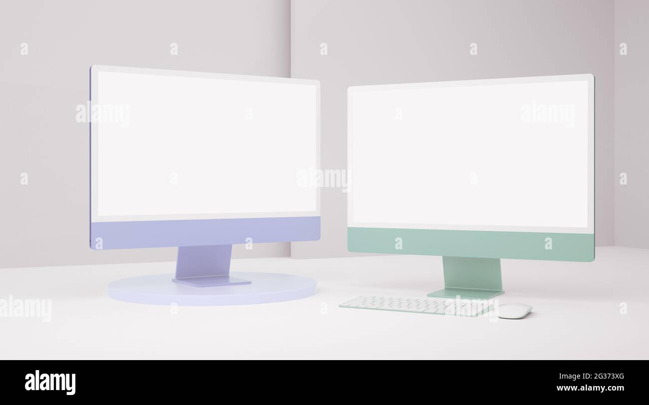 Zweifarbiger Computermonitor mit leerem Bildschirm-Modell auf Weiß für ui ux Web- und App-Konzept in 3D-Rendering Stockfoto