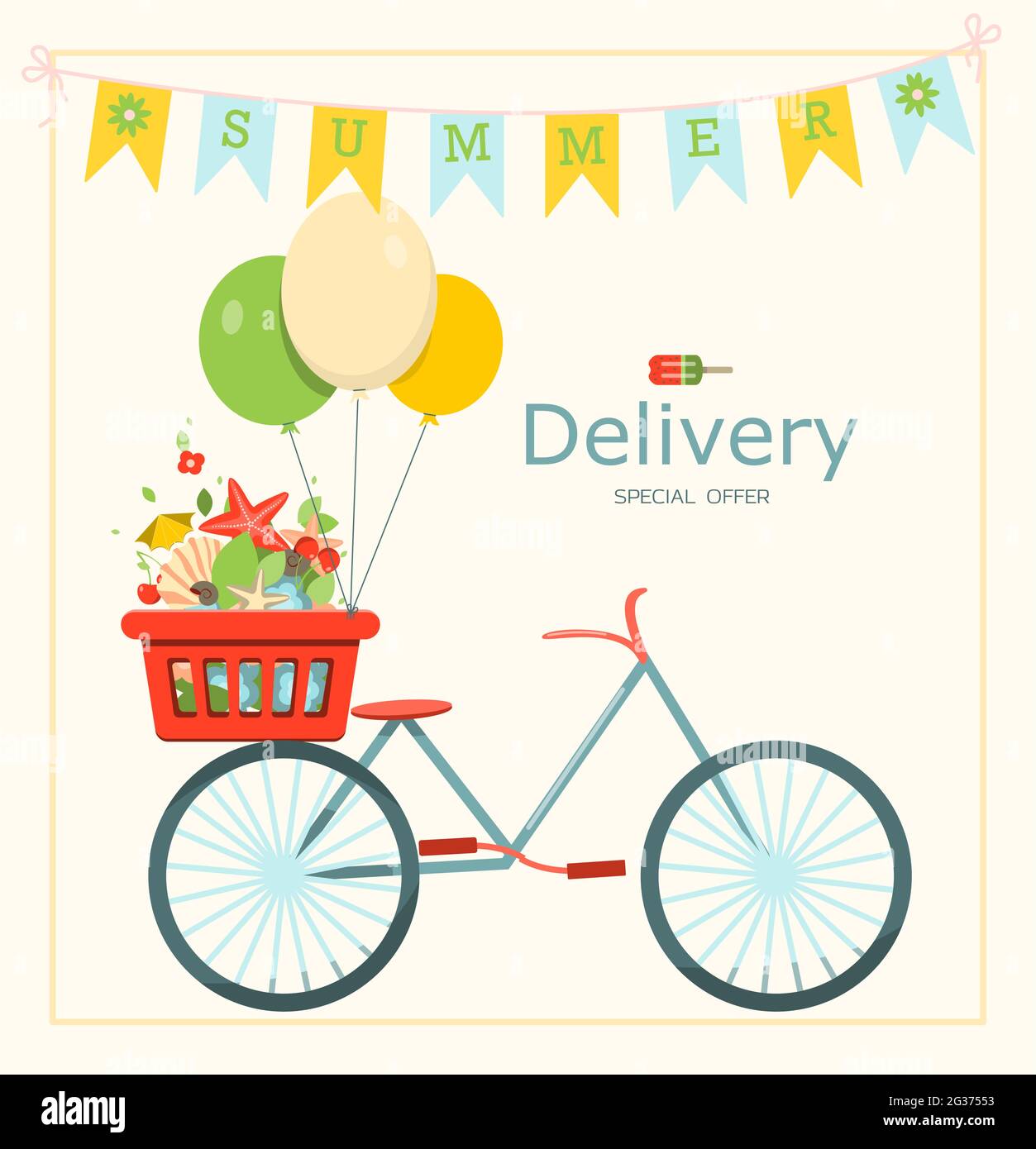 Fahrrad, Lieferung. Vector Banner für den Sommerverkauf. Eine helle flache Illustration der Discountsaison. Anzeigenvorlage. Hot Summer Sale Typografie Stock Vektor