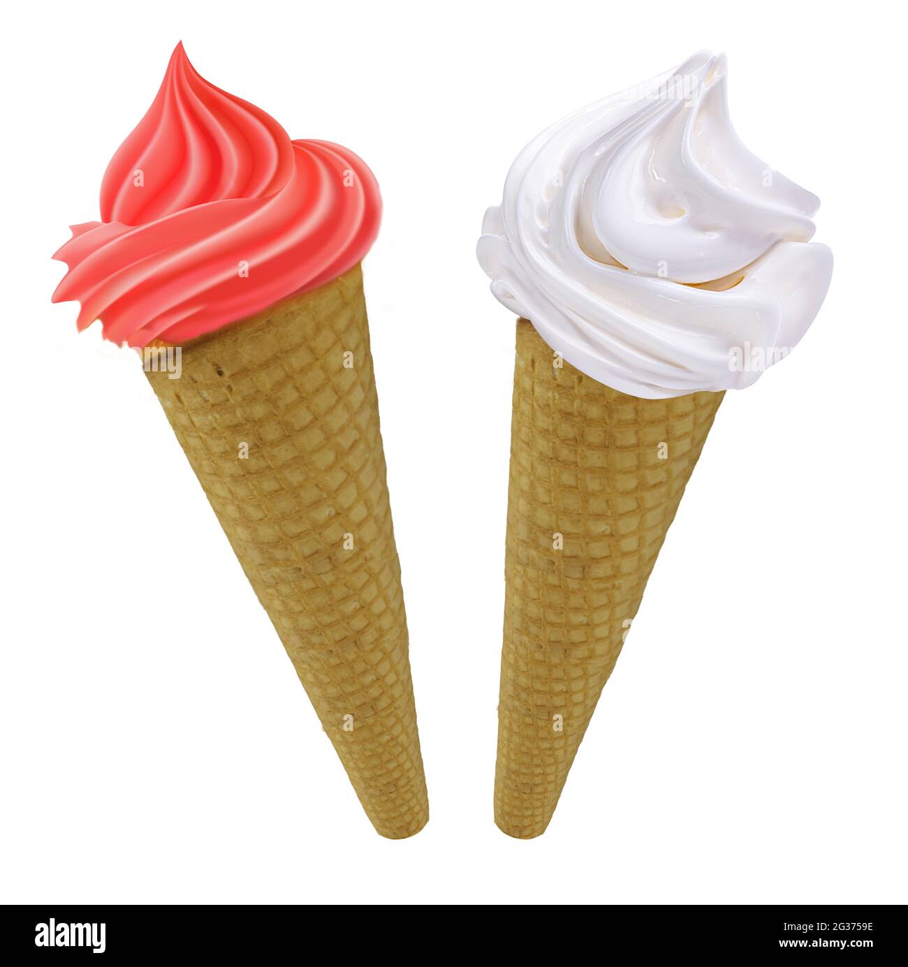 Eis in Zapfen mit Vanille und Erdbeere isoliert auf weißem Hintergrund. Stockfoto