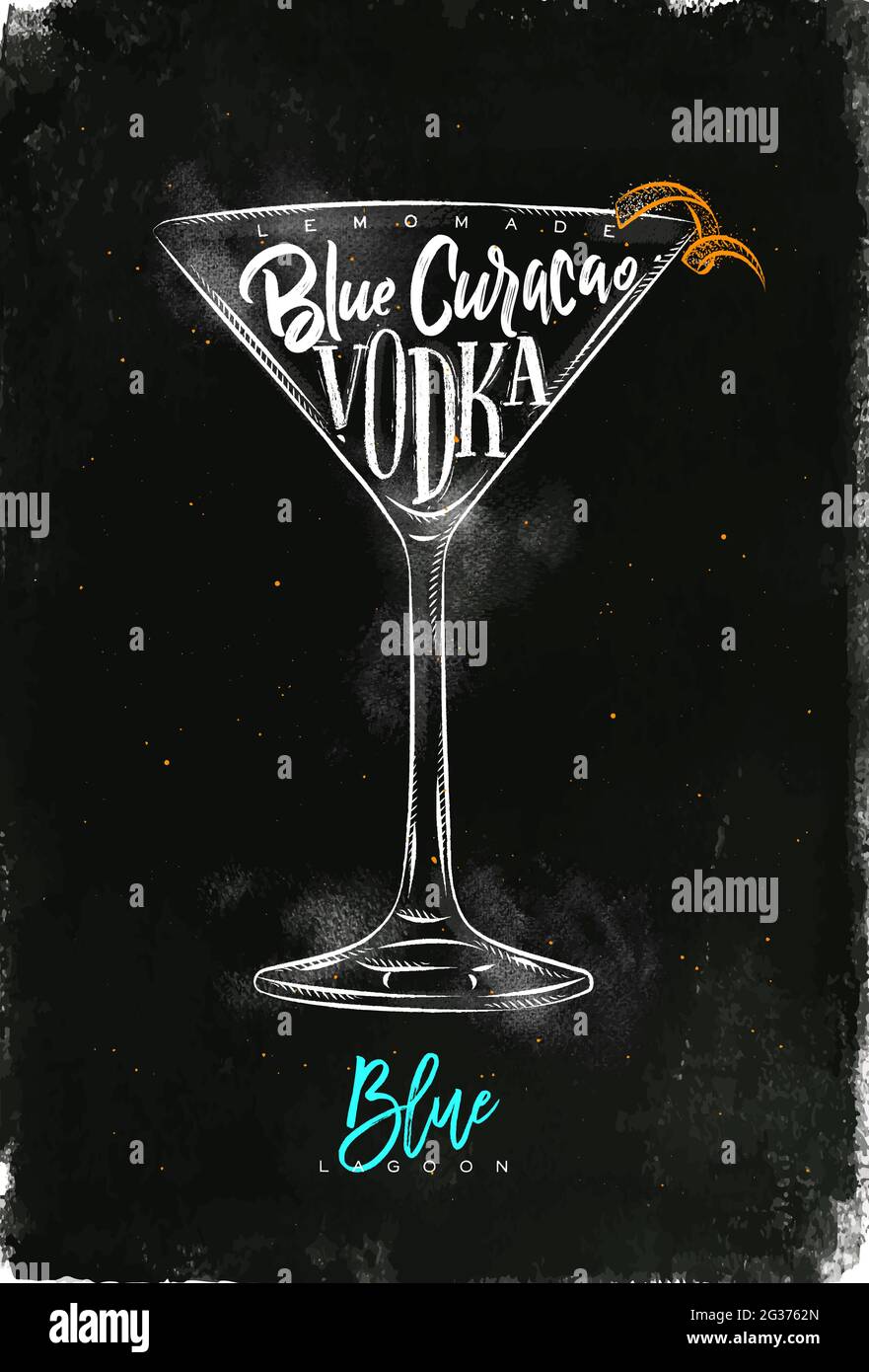 Blue Lagoon Cocktail Lettering Limonade, Blue curacao, Wodka in Vintage Grafik Stil Zeichnung mit Kreide und Farbe auf Kreidetafel Hintergrund Stock Vektor