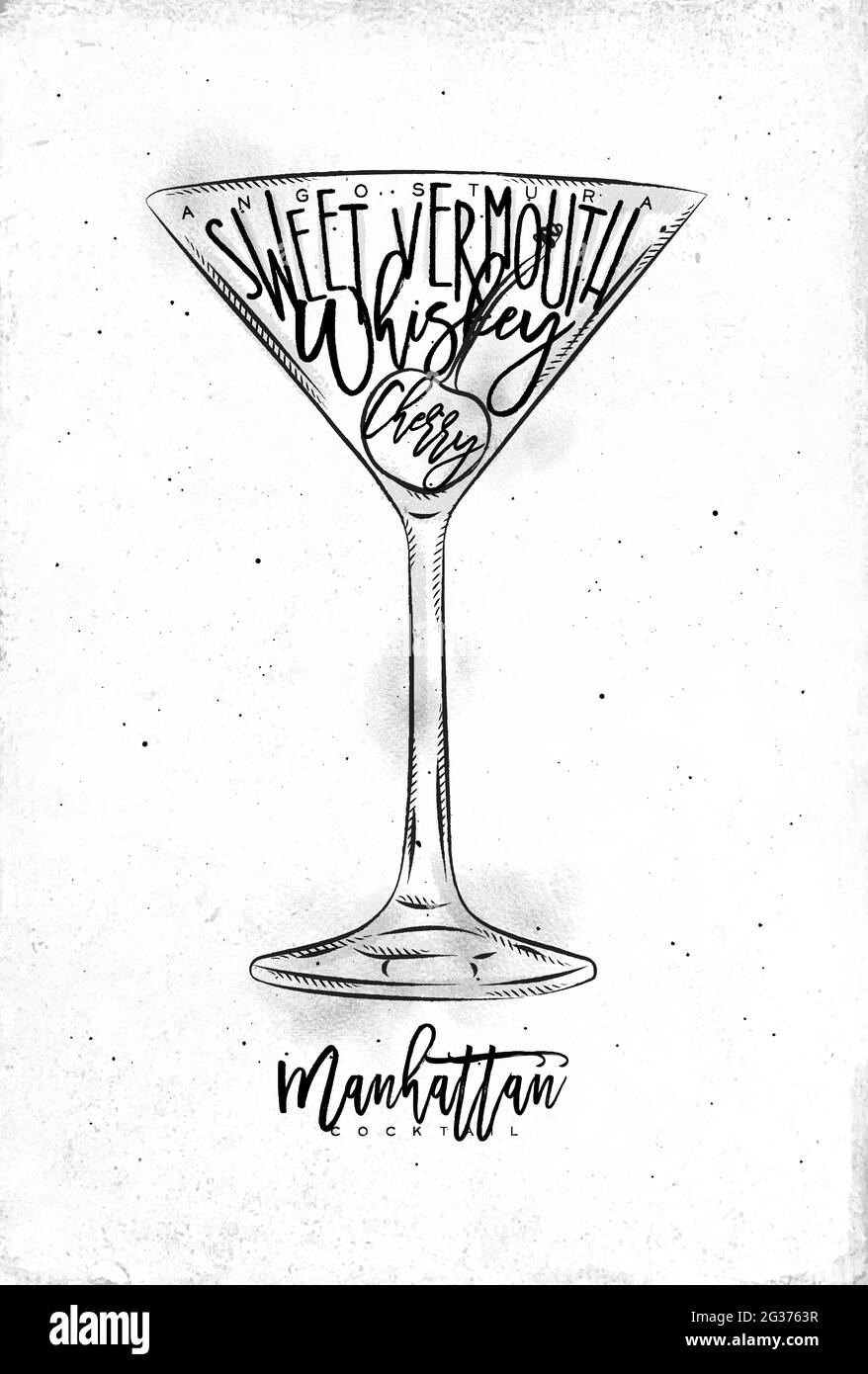 Manhattan Cocktail Schriftzug angostura, süßer Wermut, Whiskey, Kirsche in Vintage Grafikstil Zeichnung auf schmutzigem Papier Hintergrund Stock Vektor