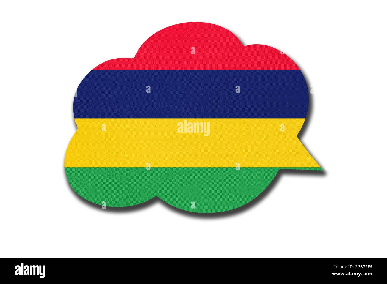 3d-Sprechblase mit mauritischer Nationalflagge auf weißem Hintergrund isoliert. Symbol des Landes Mauritius. Weltkommunikationszeichen. Stockfoto