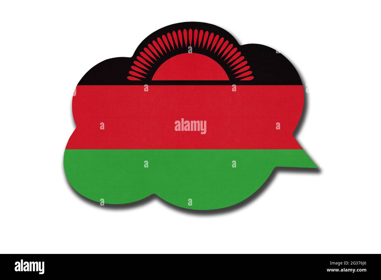 3d-Sprechblase mit malawiischer Nationalflagge auf weißem Hintergrund isoliert. Symbol des Landes Malawi. Weltkommunikationszeichen. Stockfoto