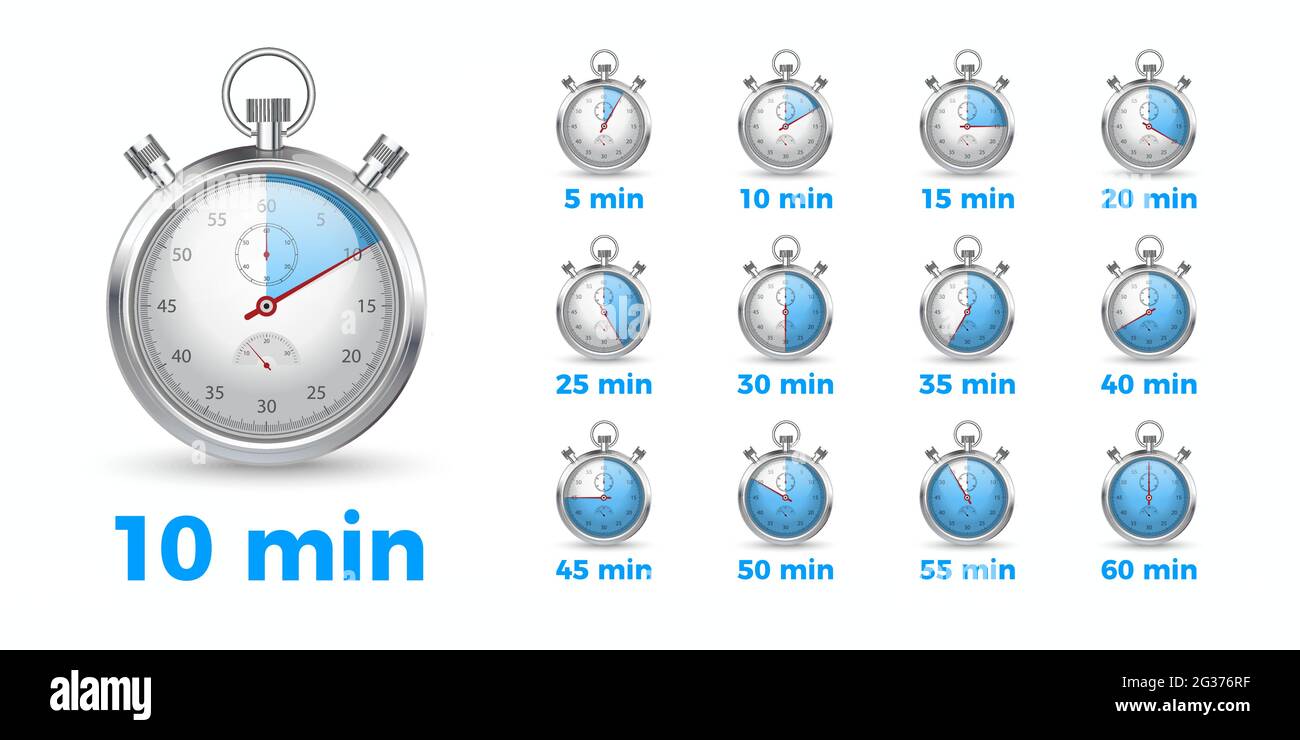 Stoppuhr-Grafik eingestellt. Countdown-Timer mit einer unterschiedlichen Dauer von 5 bis 60 Minuten. Symbol für den Garzeit-Timer, den Sport-Timer oder die Behandlungsdauer. Stock Vektor