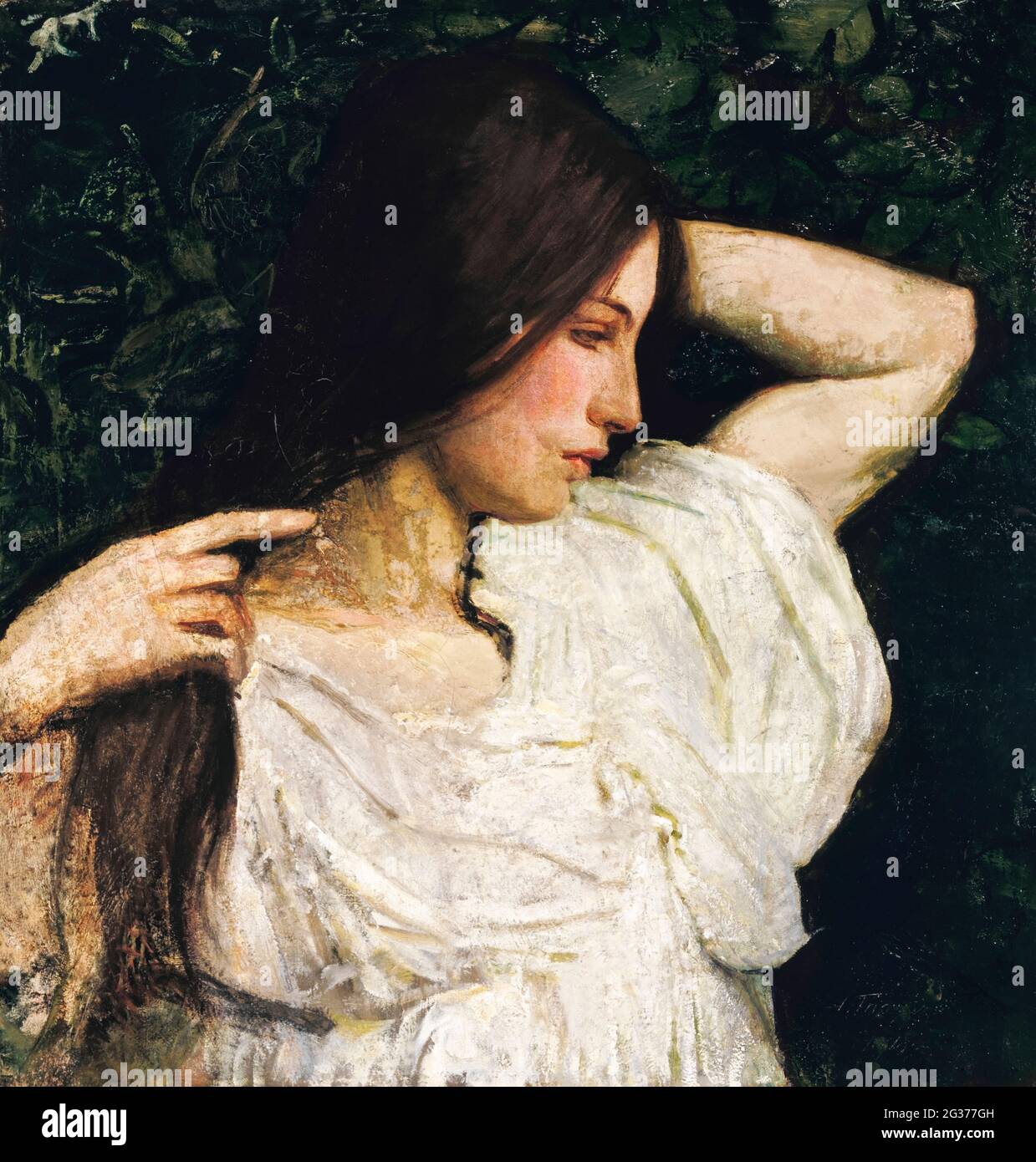 Girl Arranging her Hair (1918–1919) Gemälde in hoher Auflösung von Abbott Handerson Thayer. Stockfoto