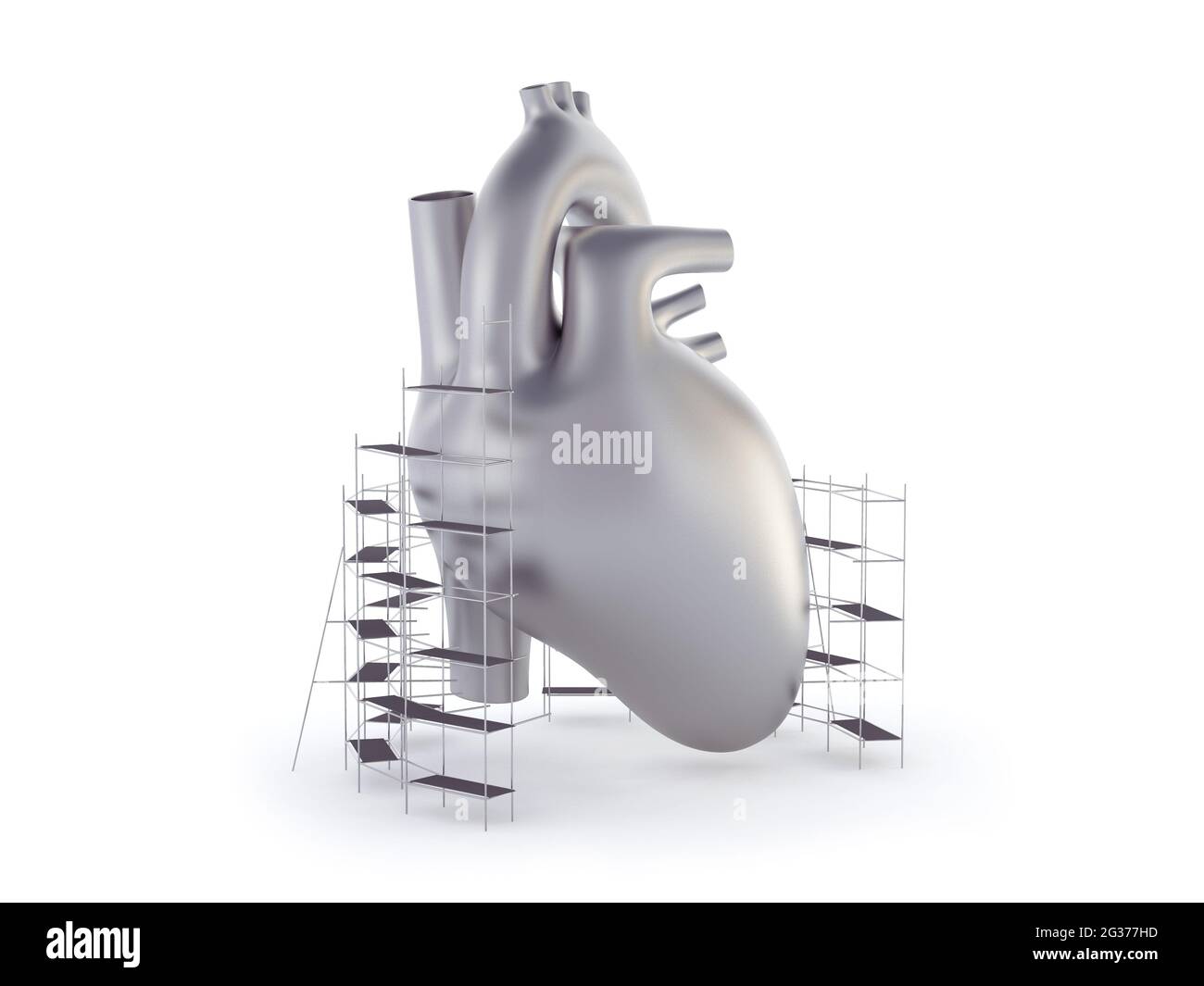 3d-Darstellung des menschlichen Herzens aus Metall mit Gerüsten. Konzept der Herzbehandlung oder -Reparatur Stockfoto