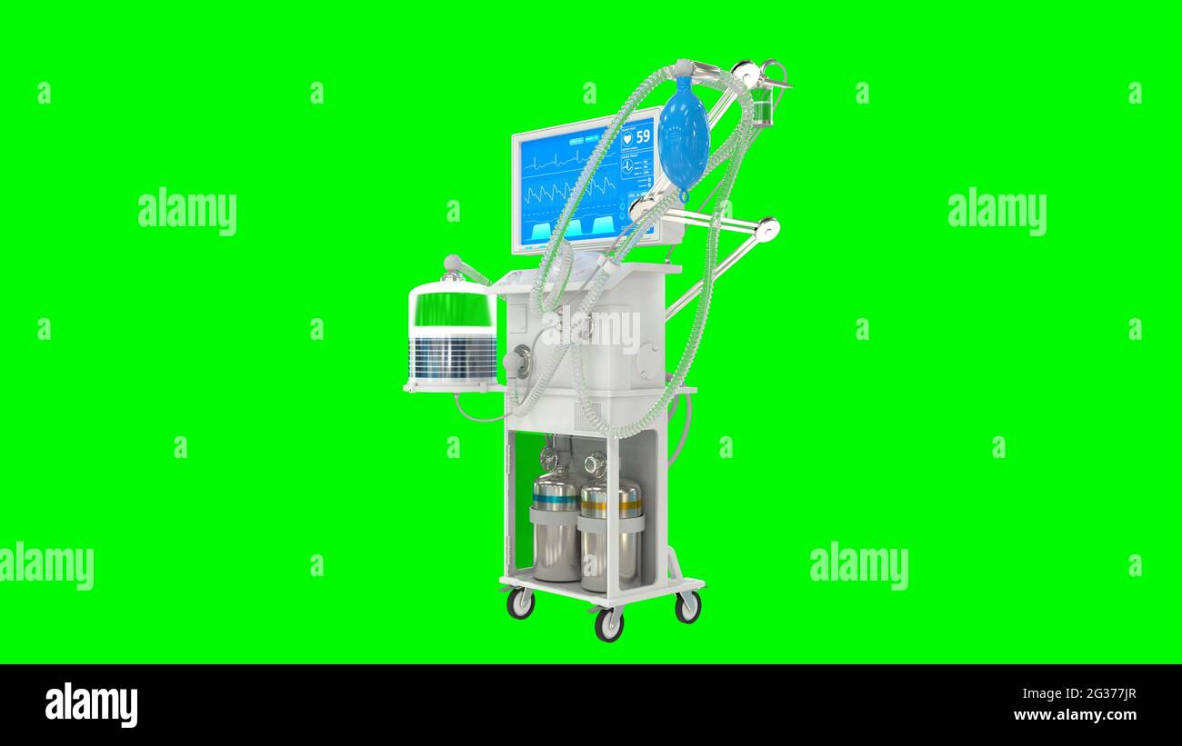 Medizinische 3d-Darstellung, Beatmungsgerät für die ITS-Lunge wird auf Grün isoliert dargestellt Stockfoto