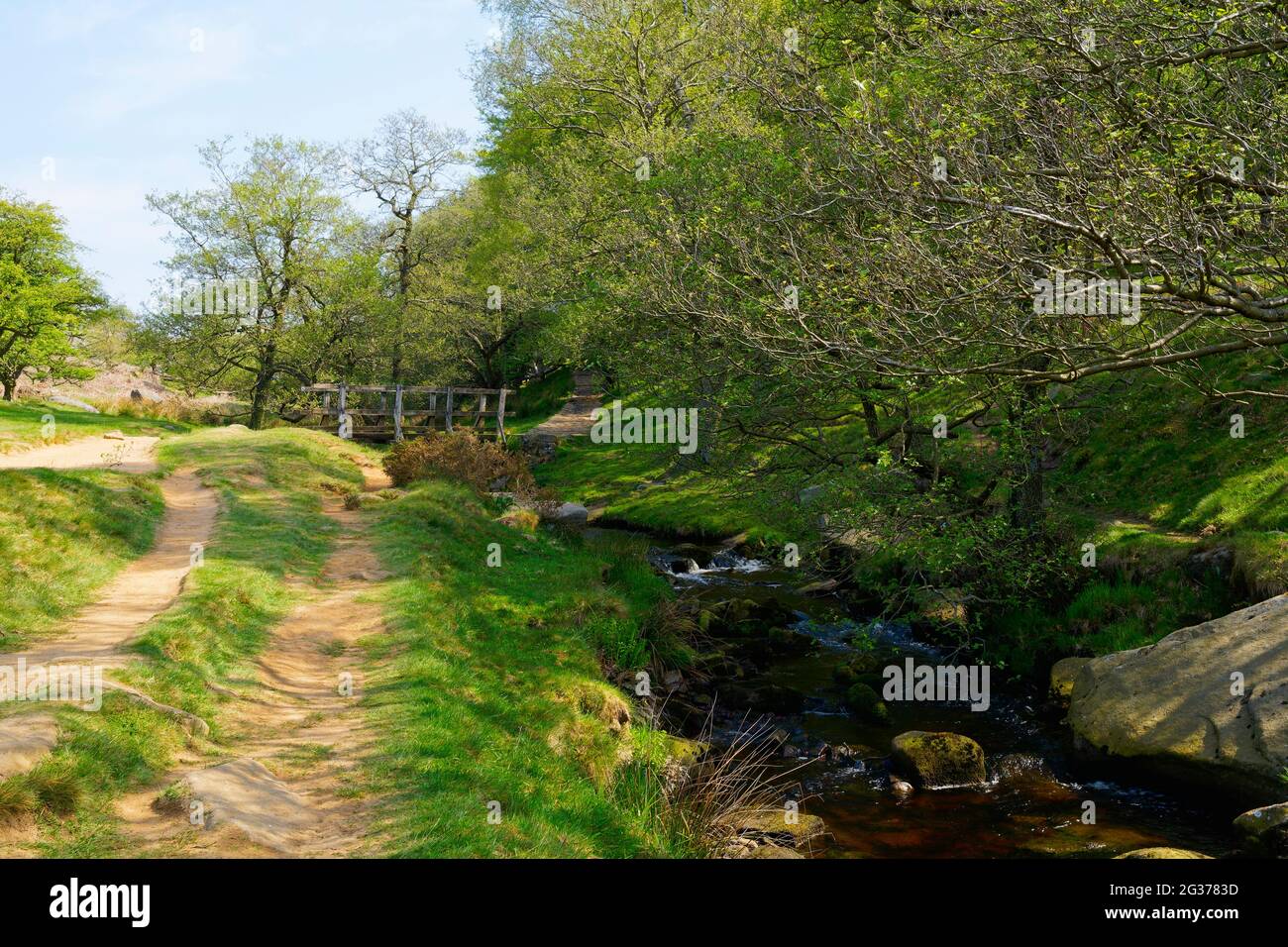 Unebene Fußwege an der Seite des Burbage Brook führen zu einer kleinen Holzbrücke Stockfoto