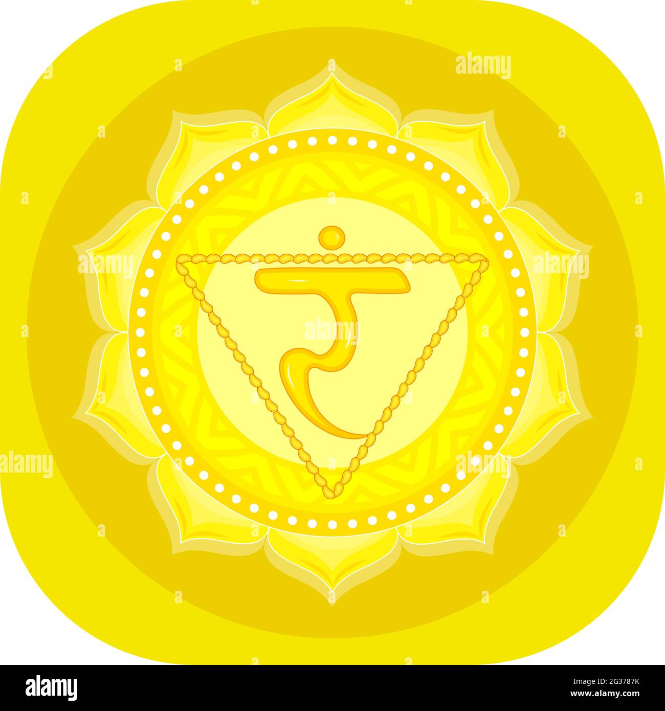 Das dritte Chakra von Manipur. Solar Plexus Chakra mit hinduistischem Sanskrit. Gelb ist ein flaches Symbol der Meditation, Yoga.Vertor Stock Vektor