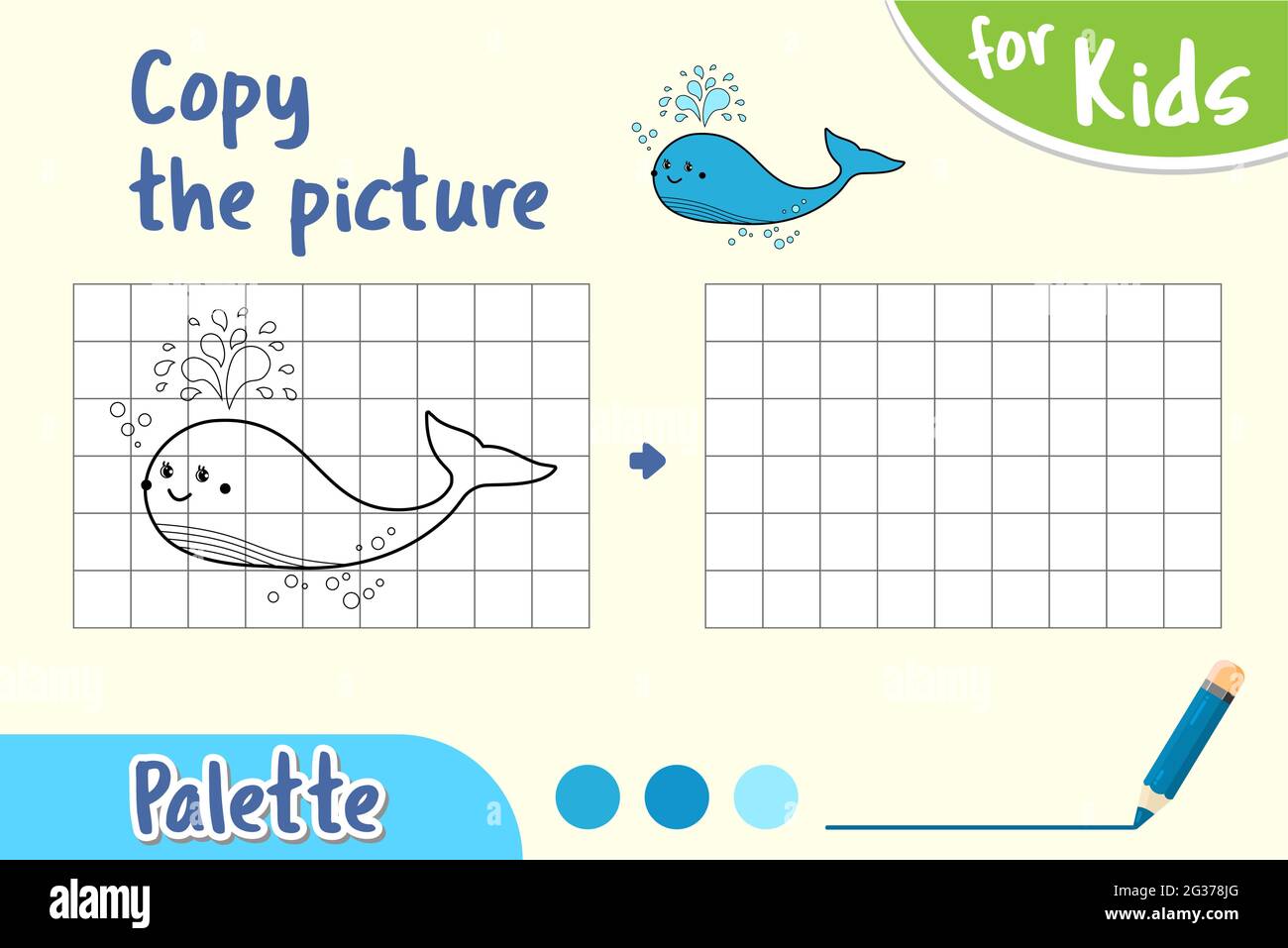 Kopieren Sie das Bild, und färben Sie es ein. Zeichnen Sie einen Wal durch Zellen, Spiel für kleine Kinder. Stock Vektor