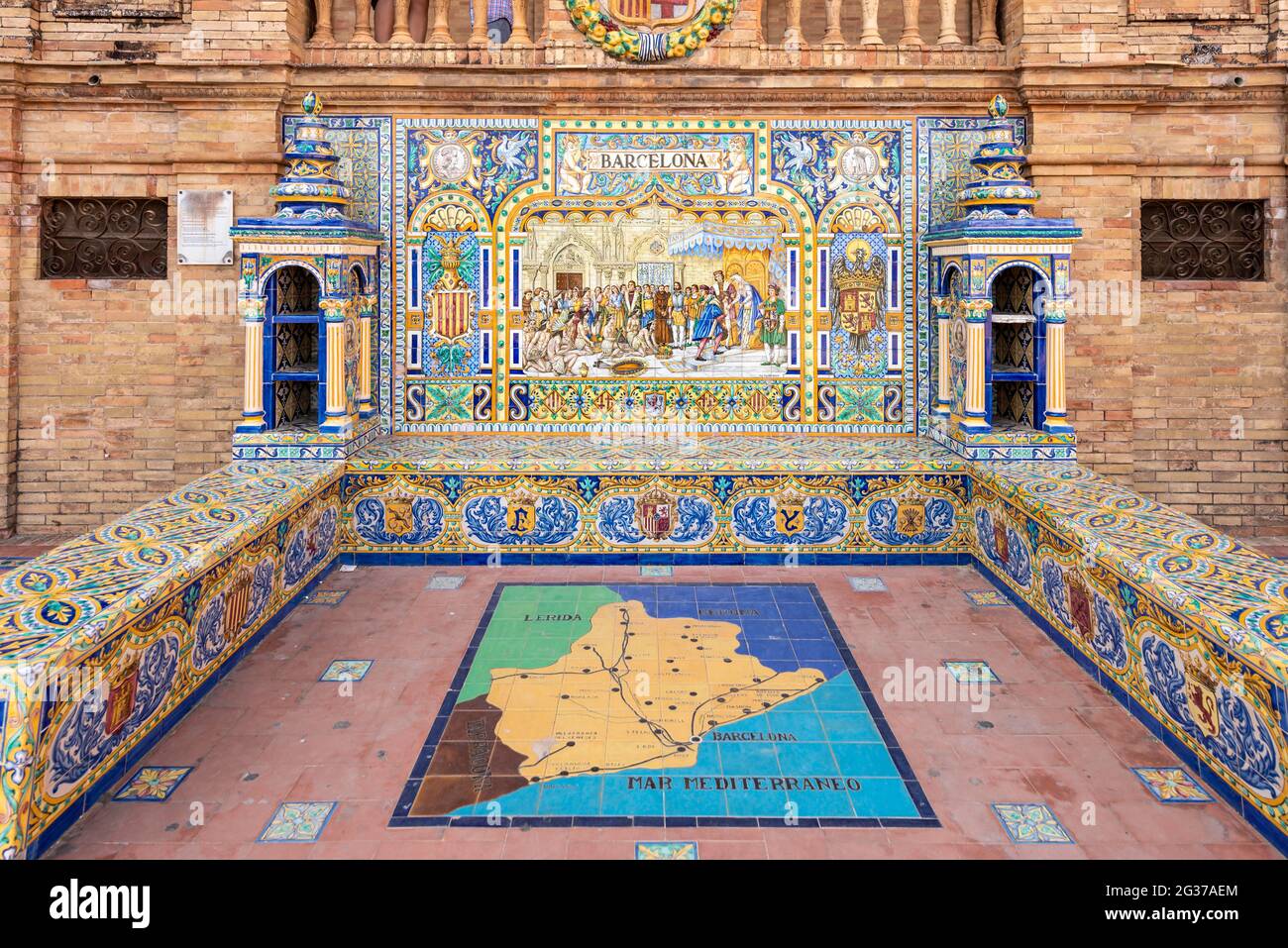 Azulejo Fliesen Mosaik Bilder, Bild der Stadt Barcelona, Plaza de Espana, Sevilla, Andalusien, Spanien Stockfoto