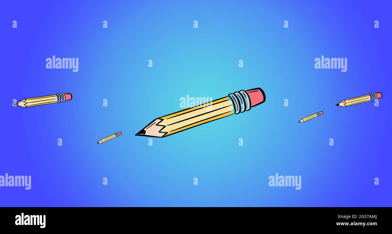 Komposition aus gelben Bleistiften, die auf einem blauen Hintergrund schweben Stockfoto