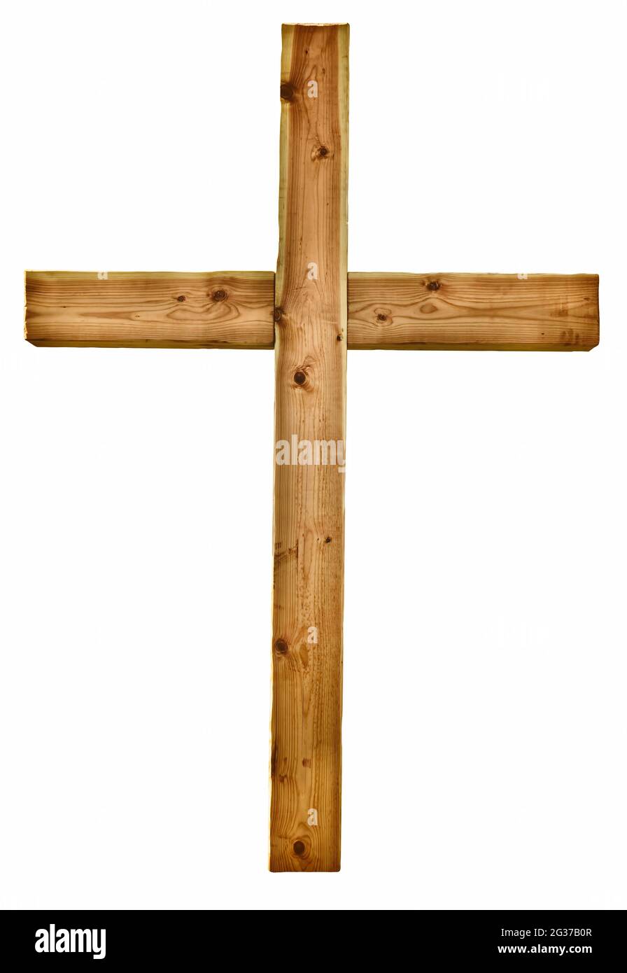 Leeres hölzernes religiöses Kreuz, isoliert auf weißem Hintergrund Stockfoto