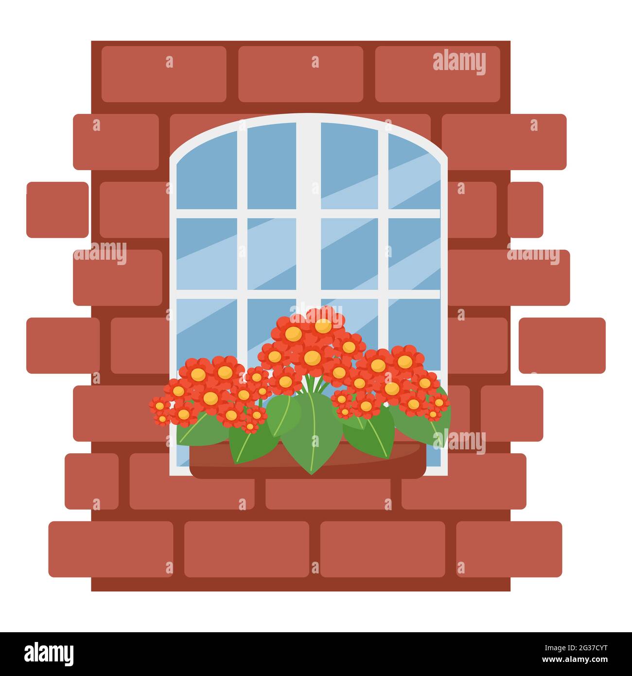 Schachtel mit Blumen am Fenster, Ziegelwand mit weißem Fenster, Vektorgrafik im flachen Stil, Cartoon, isoliert Stock Vektor
