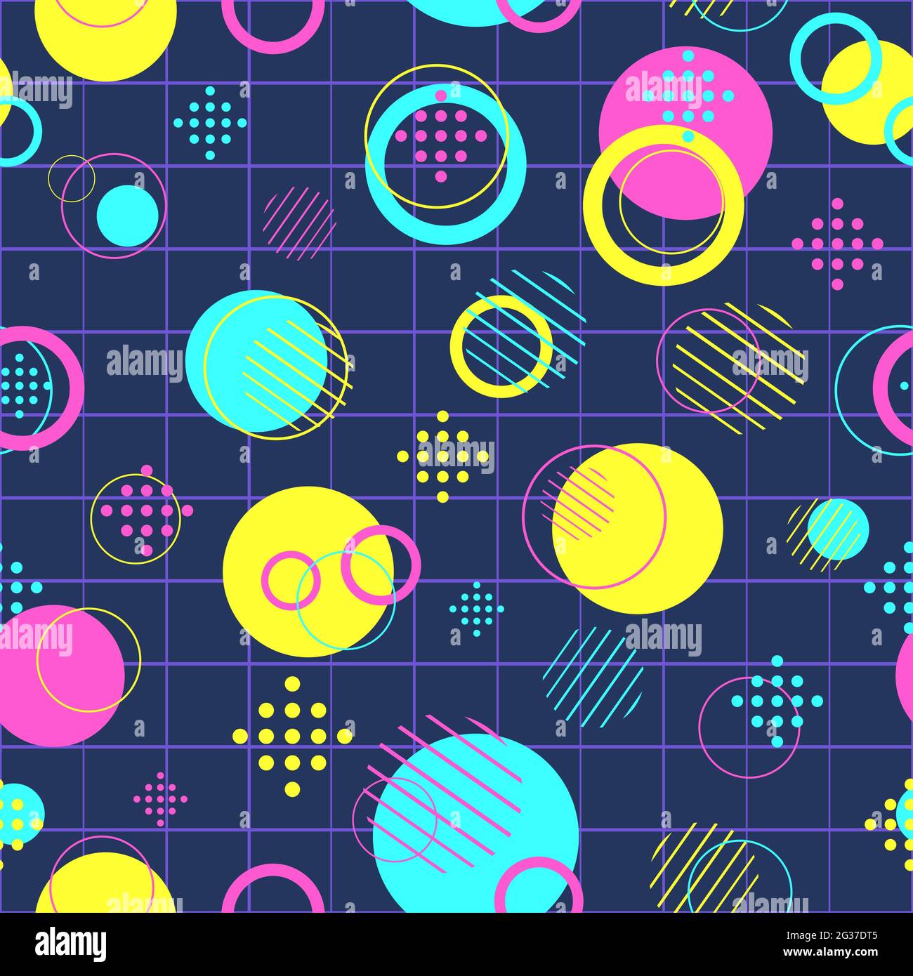 Modernes Nahtloses Muster mit bunten Kreisen und Scheiben. Wiederholen Sie den Hintergrund mit abstrakten runden Objekten. Modische Textur mit gelb, blau und rosa Geo Stock Vektor