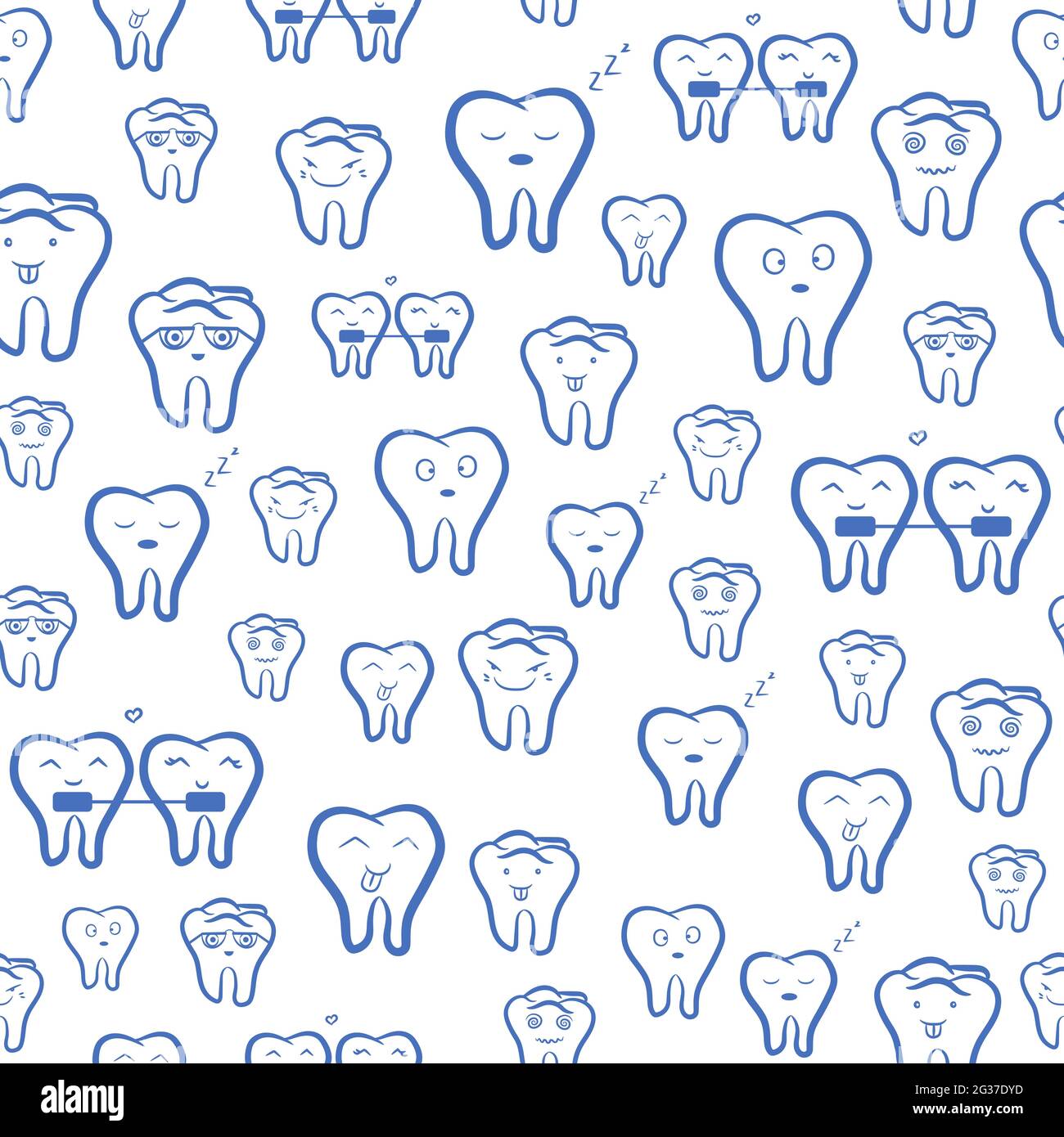 Nahtloses Muster mit Zahndarstellung für Kinder. Repetitiver zahnmedizinischer Hintergrund über Gesundheit und Mundhygiene für medizinische Kliniken. Stock Vektor
