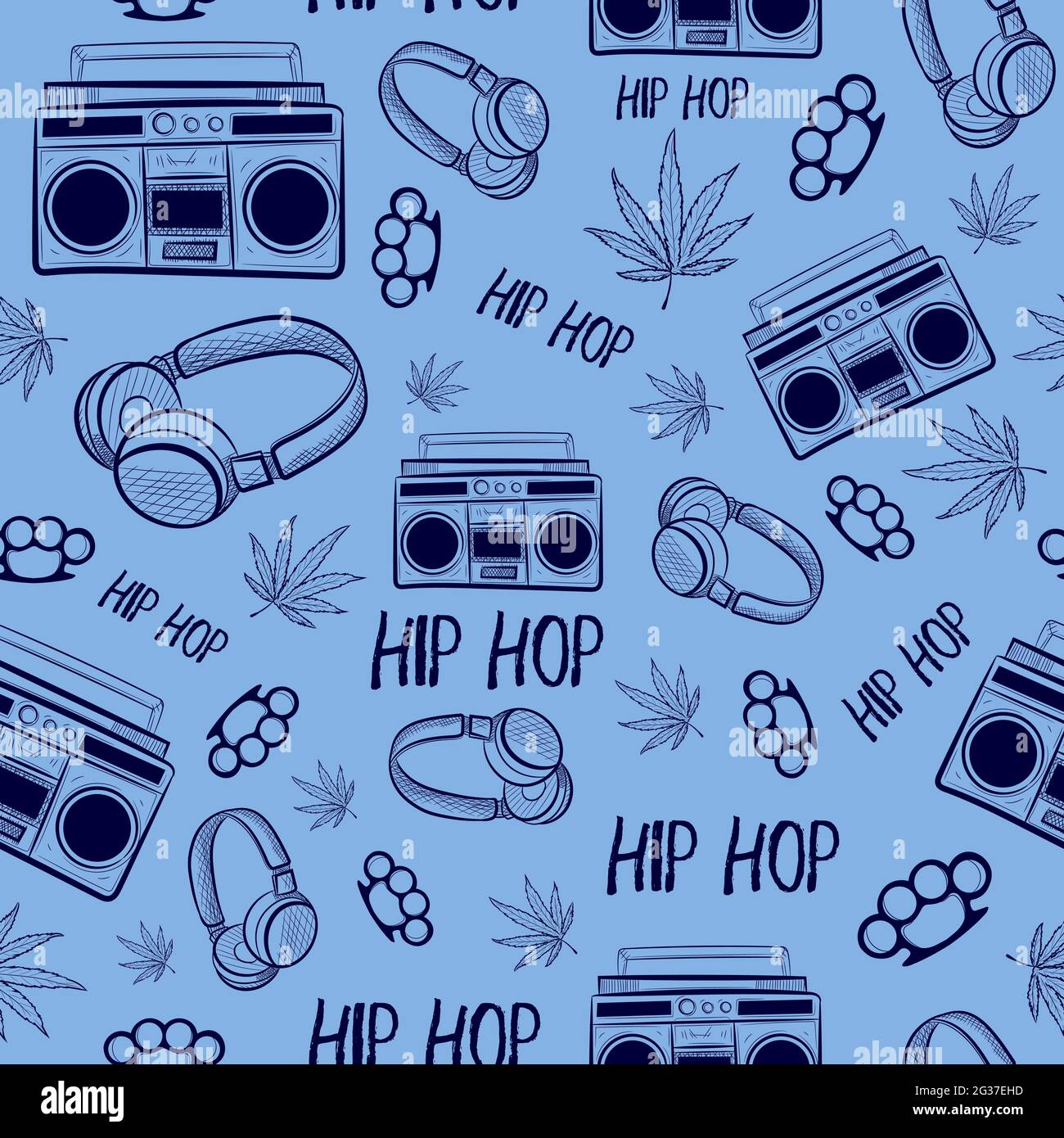 Nahtloses Vintage-Muster mit Skizzen aus Retro- und Hip-Hop-Musikelementen. Repetitiver Hintergrund mit Radio, Kassette, Messinggelenken und Marihuanablatt Stock Vektor