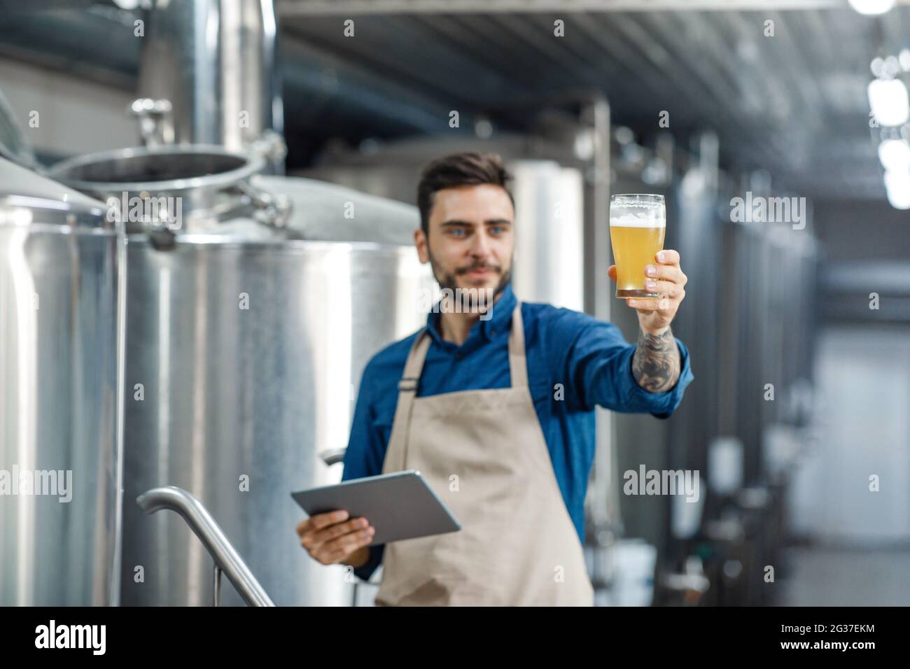 Männlicher Inspektor, der in der Destillerie arbeitet, überprüft Bier mit App und Gadget Stockfoto