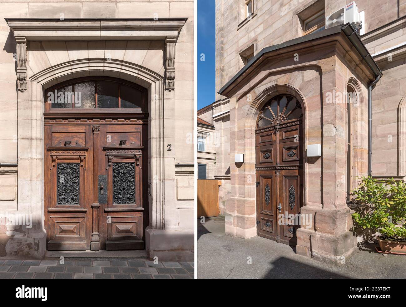 Vordertür zum ehemaligen jüdischen Waisenhaus 1868 bis 1942, rechts heute Eingang zur Synagoge, Fürth, Mittelfranken, Bayern, Deutschland Stockfoto