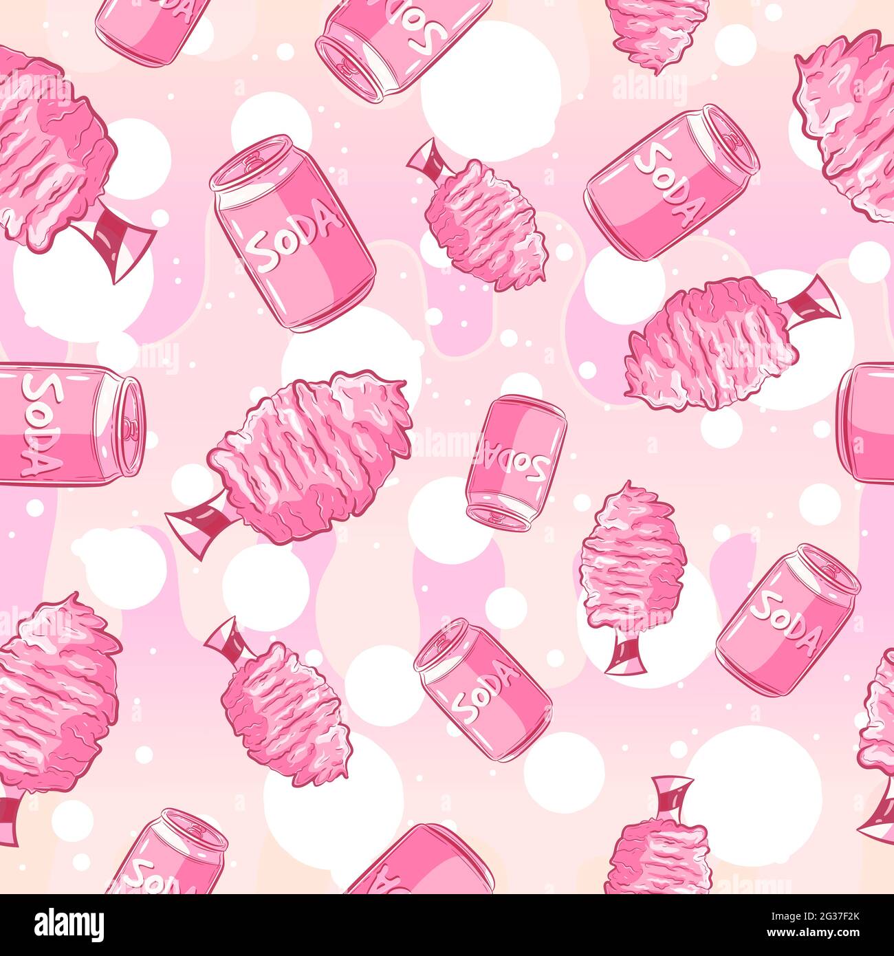 Kawaii Nahtloses Muster mit Limonadendosen und Zuckerwatte. Rosafarbener, girly-repetitiver Hintergrund mit sommerlichen Festspielen und Getränken. Niedliche Vektorgrafiken Stock Vektor