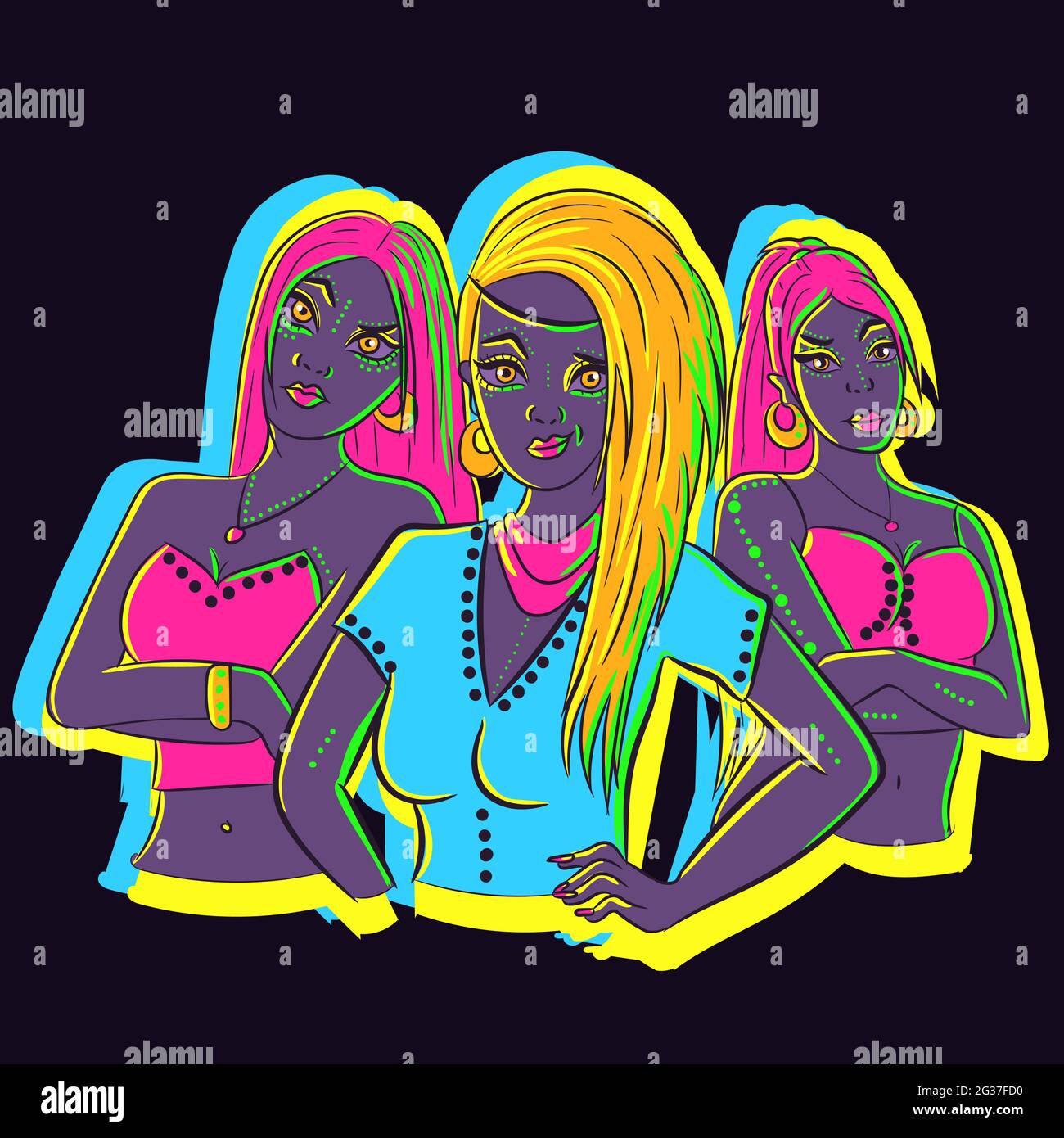 Vektor-Kunst von drei selbstbewussten Frauen in einer Bande posiert und unter UV-Neonlicht stehen. Eine Gruppe stolzer Drag-Queen-Freunde. Zeichentrickfigur bringen Stock Vektor