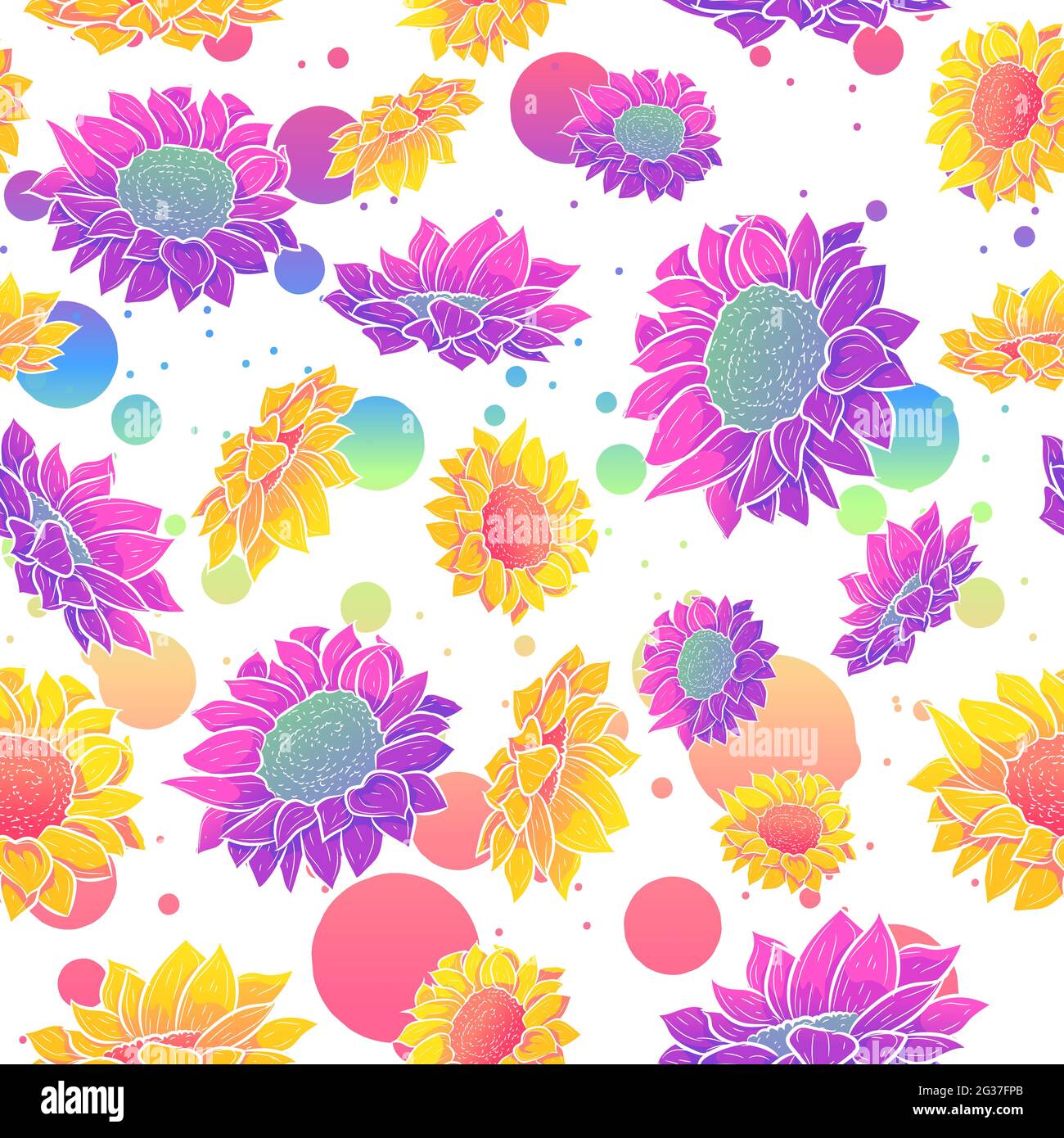 Gradient nahtloses Muster mit bunten Sonnenblumen und Gänseblümchen. Rainbow floral wiederholen Hintergrund mit Blumen. Repetitive sommerliche Textur mit Botanik Stock Vektor