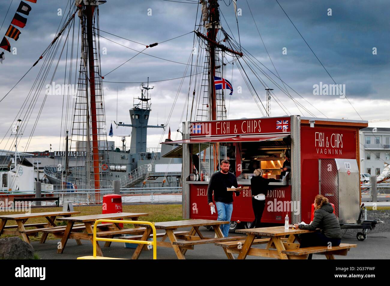 Red Fish'n'Chips Stand, Snackbar, Old Harbour, Reykjavik, Island Stockfoto