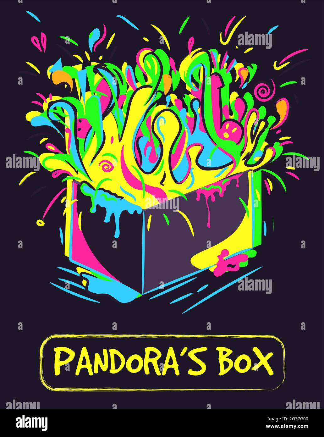 Konzeptuelle Kunst der Büchse der Pandora. Neon-Illustration eines Behälters mit Farbspritzern, Explosion und Flüssigkeitsbersten. Stock Vektor