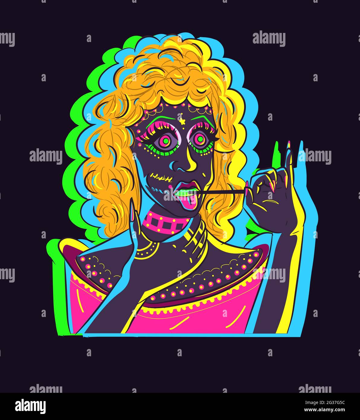 Leuchtende Neon-Frau, die mit einem großen Lutscher erstickt. Fabelhafte Drag Queen in rosa Kostüm und fancy Make-up essen eine Süßigkeiten. Stock Vektor