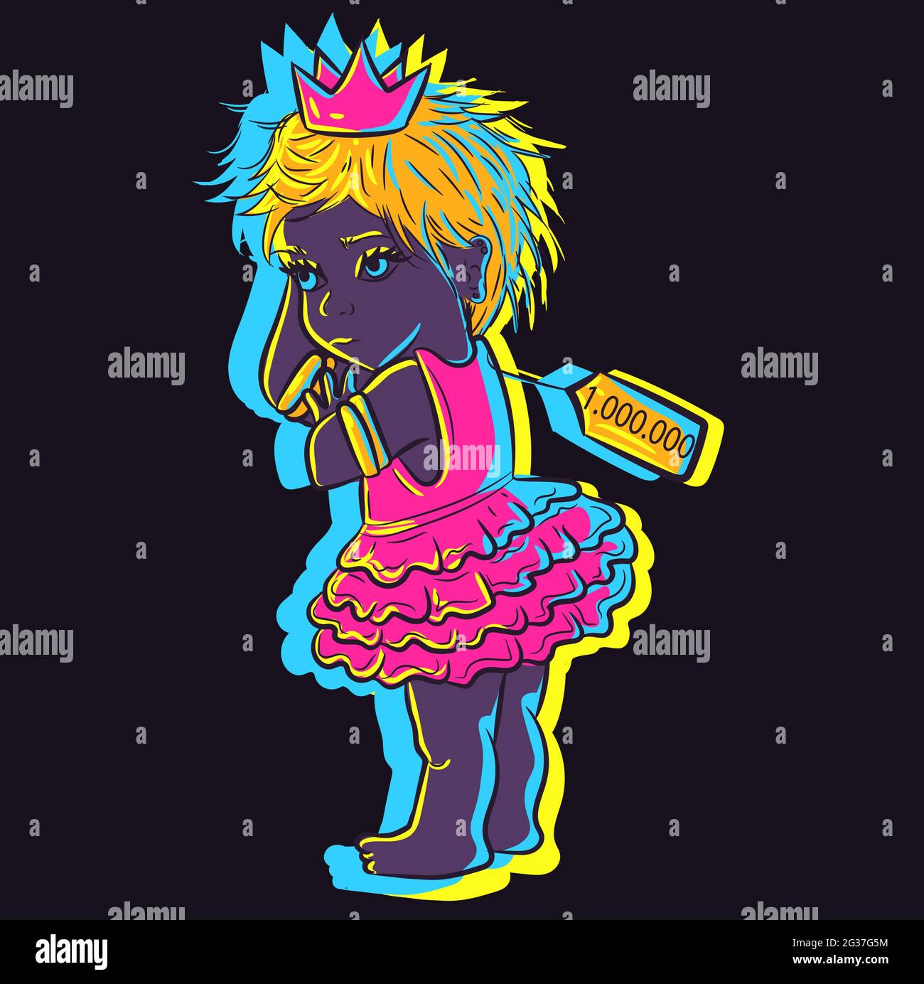 Niedliche Illustration eines kleinen niedlichen Neon-Babys mit einem teuren Preisschild. Entzückendes kleines Mädchen in einer Prinzessin Tutu leuchtet in der Nacht unter UV-Licht. Stock Vektor