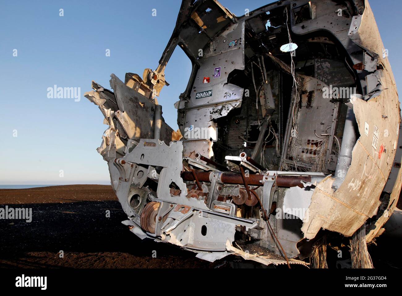 Lavawüste, Flugzeugwrack, offenes Cockpit, US Navy Douglas DC-3, Sander, Solheimasandur, Südküste, Island Stockfoto