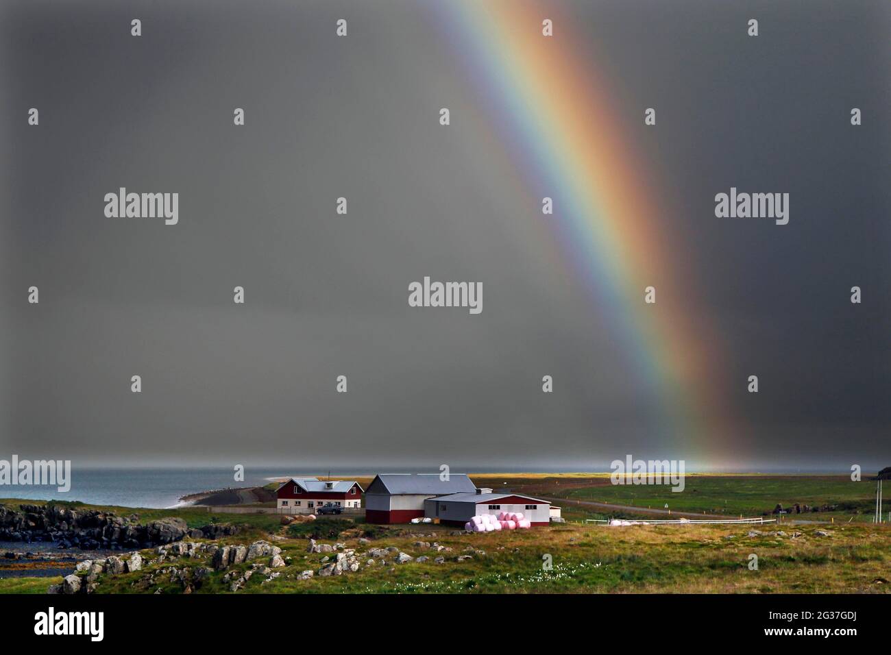 Regenbogen, Homestead, Atlantischer Ozean, Baroastroend, Vestfiroir, Westfjorde, Nordwestisland, Island Stockfoto