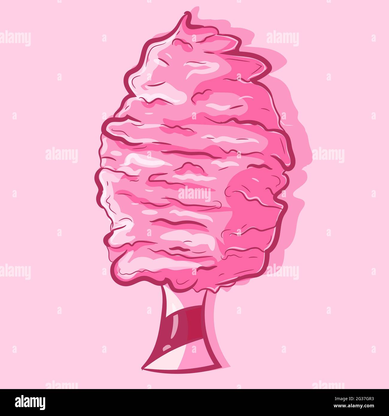 Illustration einer Zuckerwatte für Kinder. Isoliertes Objekt auf einem rosa Hintergrund. Süßes Sommergeschenk. Vektor-Zeichnung von kawaii und leckeren Junk-Food. Stock Vektor