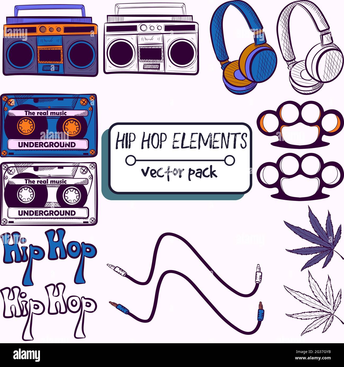 Pack mit Hiphop, Techno, Tanz-Elementen. Sammlung mit Kassette, Radio, Kopfhörer, Messinggelenke, Marihuana, Kabel- und Hip-Hop-Text. Vintage und Stock Vektor