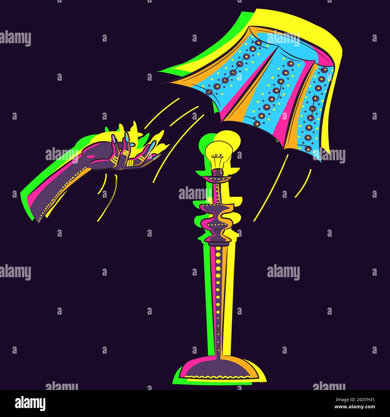 Vektor-Kunst eines illustrierten Sprichwort: Hand wirft Schatten von einer Lampe. Konzeptuelle Zeichnung eines von zu Hause beleuchteten Dekorobjekts, das unter Neonlicht leuchtet Stock Vektor