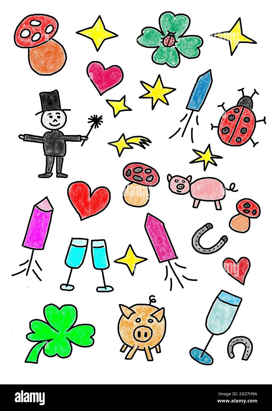 Naive Illustration, Kinderzeichnung, sylvester-Symbole Stockfoto