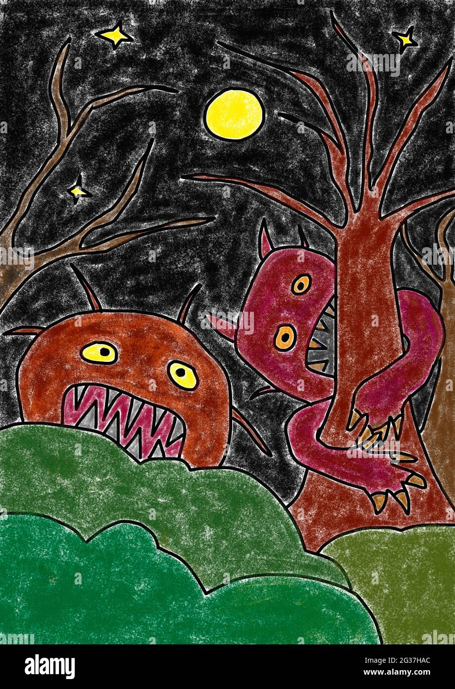 Naive Illustration, Kinder Zeichnung, Wald Geister Stockfoto